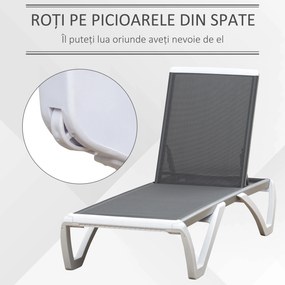 Outsunny Sezlong de Grădină cu Spătar Reglabil pe 5 Niveluri și Roți, Aluminiu și Textilena, Gri și Alb, 195x67.5x33 cm | Aosom Romania