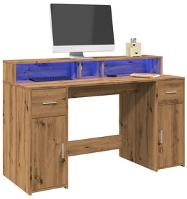vidaXL Birou cu lumini LED stejar artizanal 140x55x91cm lemn prelucrat