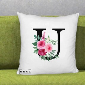 Cadou Personalizat - Perna Personalizata Monograma Florala Litera U, 40x40 cm, Alb Pufos, Husa Detasabila, Perna Inclusa, BEKZ®