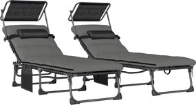 Outsunny Set de 2 șezlonguri pliante cu copertină, șezlonguri înclinabile cu pernă, buzunar lateral și mâner de transport, gri închis | Aosom Romania