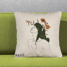 Perna Decorativa Portret Feminin Profil Flori Portocalii, 40x40 cm, Bej Canapea, Husa Detasabila, Perna Inclusa, BEKZ®