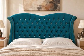 Pat tapițat Chesterfield Avella 140×200 cm, turcoaz, cu ladă de depozitare