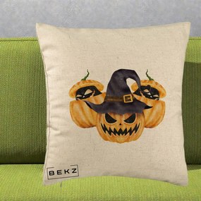 Perna Decorativa Trio Dovleci Jack-o-Lantern cu Palarie Vrajitoare, 40x40 cm, Bej, Husa Detasabila, Perna Inclusa, BEKZ®