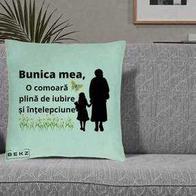 Cadou pentru Bunica - Perna Personalizata Bunica Mea Comoara Iubire Intelepciune Varianta Extinsa, 40x40 cm, Verde Menta, Husa Detasabila, Perna Inclusa, BEKZ®