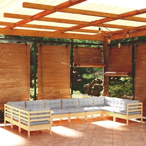 3097330 vidaXL Set mobilier de grădină cu perne gri 10 piese lemn masiv de pin