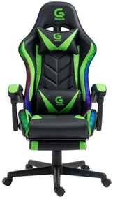 Scaun gaming, sistem iluminare bandă LED RGB, masaj în perna lombară, suport picioare, Negru/Verde