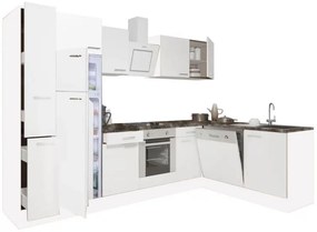 Mobilă de bucătărie de colț Yorki 310, corp alb, față alb satinat, element cuptor inferior, frigider congelator superior