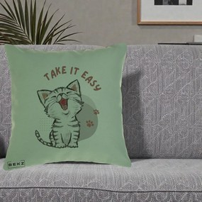 Perna Personalizata Take It Easy Cat, 40x40 cm, Verde, Husa Detasabila, Perna Inclusa, BEKZ®