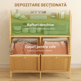 HOMCOM Mobilier pentru Rufe de Baie cu 2 Compartimente Basculante, 82L, Suport pentru Rufe Murdare din Bambus cu Coșuri Detașabile și Lavabile și 2 Rafturi, pentru Spălătorie și Baie, 82x33x88 cm, Culoare Lemn | Aosom Romania
