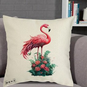 Perna Decorativa Flamingo cu Trandafiri Tropicali, 40x40 cm, Ecru, Husa Detasabila, Perna Inclusa, BEKZ®