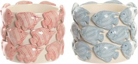 Set 2 ghivece decorative ceramice stil mediteranean, cu model pesti albastru coral , "Boca"