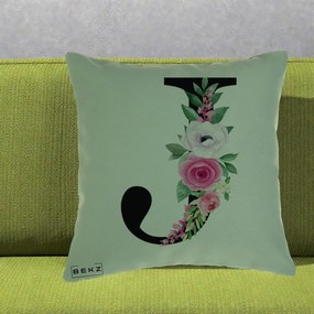 Cadou Personalizat - Perna Personalizata Monograma Florala Litera J, 40x40 cm, Verde, Husa Detasabila, Perna Inclusa, BEKZ®
