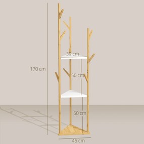 HOMCOM Cuier de Podea din Bambus în Formă de Copac cu 8 Cârlige și 3 Rafturi, 45x45x170 cm, Alb | Aosom Romania