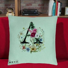Cadou Personalizat - Perna Personalizata Monogram Litera A cu Flori Acuarela, 40x40 cm, Verde Menta, Husa Detasabila, Perna Inclusa, BEKZ®