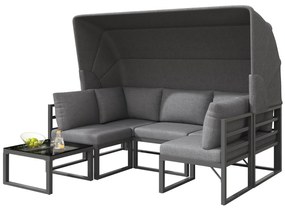 Set de mobilier de grădină din 4 piese, canapea cu trei locuri cu marchiză, 2 fotolii individuale și măsuță de cafea, Gri