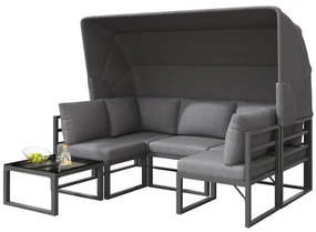 Set de mobilier de grădină din 4 piese, canapea cu trei locuri cu marchiză, 2 fotolii individuale și măsuță de cafea, Gri