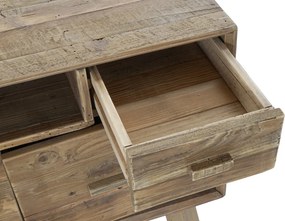 Comodă TV living din lemn reciclat, natur, cu 4 uși, 2 sertare, 2 nișe deschise și picioare oblice, finisaj antichizat, 65 x 180 x 48 cm, „Aubeline”