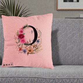 Cadou Personalizat - Perna Personalizata Monogram Litera O cu Flori Acuarela, 40x40 cm, Roz, Husa Detasabila, Perna Inclusa, BEKZ®