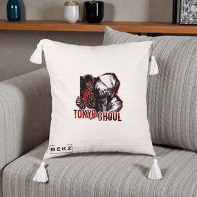 Perna Personalizata Tokyo Ghoul Ken Kaneki Anime, 40x40 cm, Bej cu Franjuri, Husa Detasabila, Perna Inclusa, BEKZ®