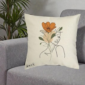 Perna Decorativa Portret Feminin Floare Portocalie, 40x40 cm, Ecru, Husa Detasabila, Perna Inclusa, BEKZ®