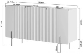 Comodă Malmi 150 cm cu față canelată și picioare metalice - cașmir / alb crem / picioare negre