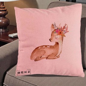 Perna Decorativa Caprioara cu Flori in Coama, 40x40 cm, Roz, Husa Detasabila, Perna Inclusa, BEKZ®