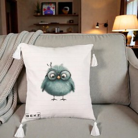 Perna Decorativa Pui Teal cu Ochelari Rotunzi, 40x40 cm, Bej cu Franjuri, Husa Detasabila, Perna Inclusa, BEKZ®