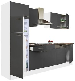 Mobilă de bucătărie Yorki 280, corp alb, față antracit satinat, frigider cu congelator superior
