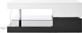 Masă de cafea cu iluminare ambientală LED, poliță din sticlă &amp; finisaj lucios, 90x45x35,5 cm, Alb+Negru