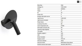 Aplica cu reader LED directionabil stil minimalist DUAS USB C negru