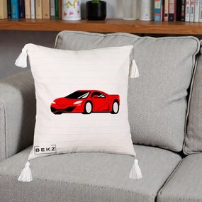 Perna Personalizata Masina Sport Rosie Grafic, 40x40 cm, Bej cu Franjuri, Husa Detasabila, Perna Inclusa, BEKZ®