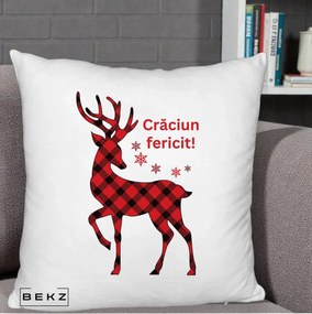 Perna Decorativa Ren Tartan Craciun Fericit, 40x40 cm, Alb Pufos, Husa Detasabila, Perna Inclusa, BEKZ®