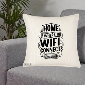 Perna Decorativa Home Is Where WiFi Connects, 40x40 cm, Crem Reliefat, Husa Detasabila, Perna Inclusa, BEKZ®
