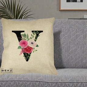Cadou Personalizat - Perna Personalizata Monograma Florala Litera V cu Buchet, 40x40 cm, Crem, Husa Detasabila, Perna Inclusa, BEKZ®
