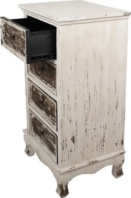 Comodă îngustă, vintage, din lemn, alb și maro, cu 4 sertare, butoni din metal și picioare curbate, 81 x 44 x 35 cm, „Renard”