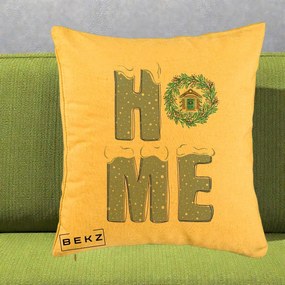 Perna Decorativa HOME Iarna cu Coroana, 40x40 cm, Galben, Husa Detasabila, Perna Inclusa, BEKZ®