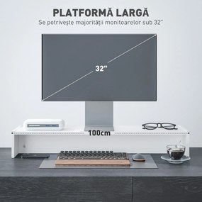 HOMCOM Suport monitor până la 16kg, cu 2 Compartimente de Depozitare, 100x27x15 cm, Alb | Aosom Romania