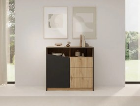 Comodă cu usa si trei sertare, 100x40x91 cm, Atson, ADRK Furniture (Culoare: Stejar / Gri Bej)