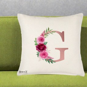 Cadou Personalizat - Perna Personalizata Monograma Rose Gold Litera G, 40x40 cm, Crem Reliefat, Husa Detasabila, Perna Inclusa, BEKZ®