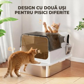 PawHut Litieră Închisă pentru Pisici din Oțel Inoxidabil, 52 L, cu Capac Rabatabil, Ușă Dublă și Lopățică, Alb | Aosom Romania