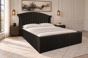 Pat tapițat din catifea Velluto Line 160×200 cm, negru, cu ladă de depozitare