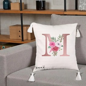 Cadou Personalizat - Perna Personalizata Monograma Rose Gold Litera M cu Trandafiri, 40x40 cm, Bej cu Franjuri, Husa Detasabila, Perna Inclusa, BEKZ®