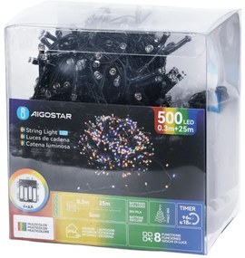 Aigostar - Instalație LED de exterior pentru Crăciun, 500 LED, 8 moduri, 4x AA, 25,3 m, multicoloră