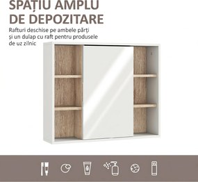 HOMCOM Dulap cu Oglinda din MDF si PAL, Dulap de Baie cu 3 Rafturi Laterale si Raft Interior Reglabil, 60x14.5x49.4 cm, Alb si Lemn Natur | Aosom RO
