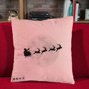 Perna Decorativa Mos Craciun Sanie Luna, 40x40 cm, Roz, Husa Detasabila, Perna Inclusa, BEKZ®