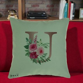 Cadou Personalizat - Perna Personalizata Monograma Rose Gold Litera U, 40x40 cm, Verde, Husa Detasabila, Perna Inclusa, BEKZ®
