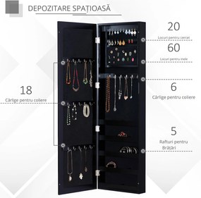 HOMCOM Dulap pentru Bijuterii cu Oglindă, Montare pe Perete, din Lemn MDF, Negru, 37x9.5x121 cm | Aosom Romania