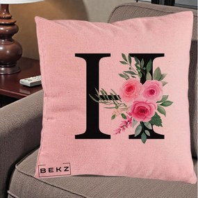Cadou Personalizat - Perna Personalizata Monograma Florala Litera H cu Trandafiri Roz, 40x40 cm, Roz, Husa Detasabila, Perna Inclusa, BEKZ®