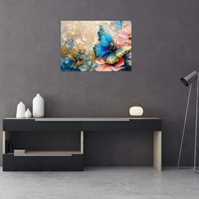 Tablou pe sticlă - Pictura de flori și fluturi (70x50 cm)