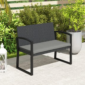 Outsunny Banc de grădină 2 locuri, banc de exterior din resină împletită PE cu pernă, oțel galvanizat, 103x58x78cm, gri și negru | Aosom Romania